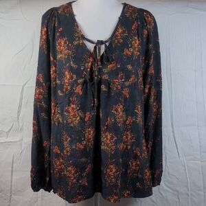 NATURAL LIFE Vibrant Floral Peacock Features Tie-Front Blouse NWT
